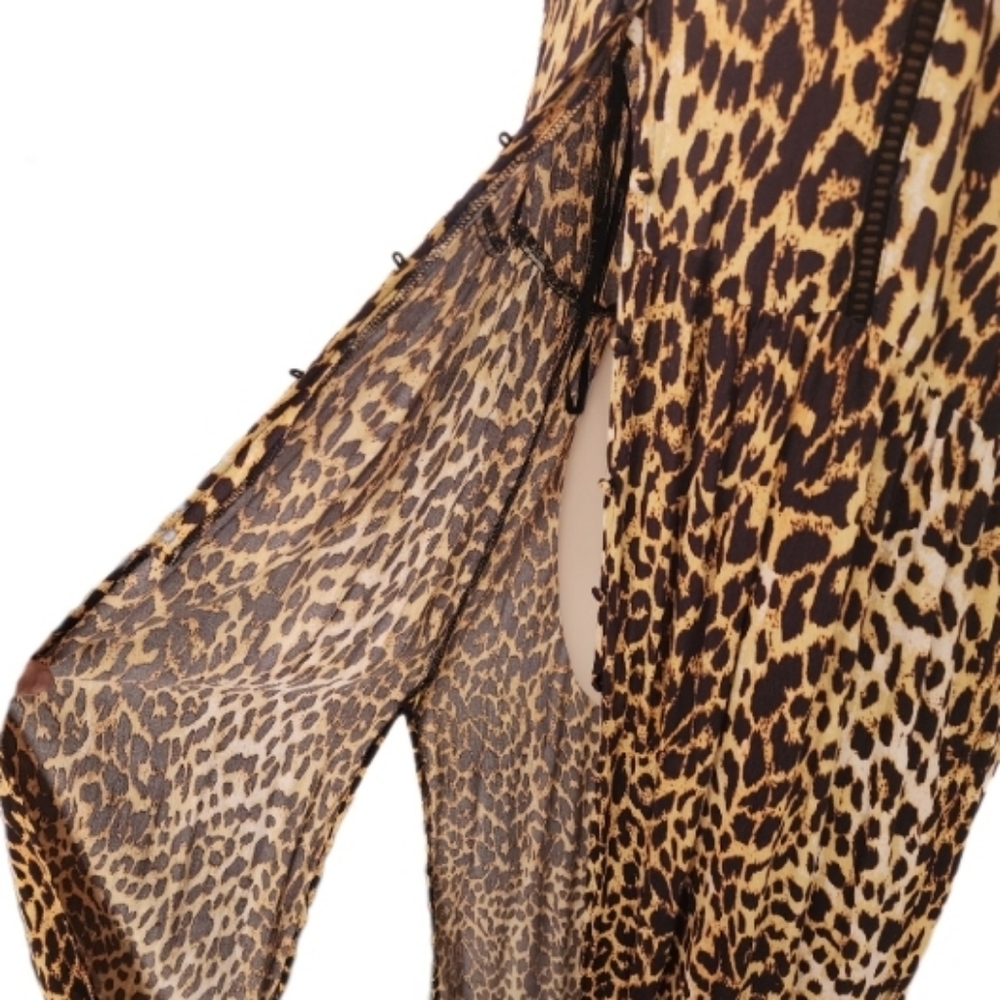MINKPINK Dress Leopard Print 1/2 Button Down Slit Sides Loungewear Brown Size XS - Picture 7 of 16